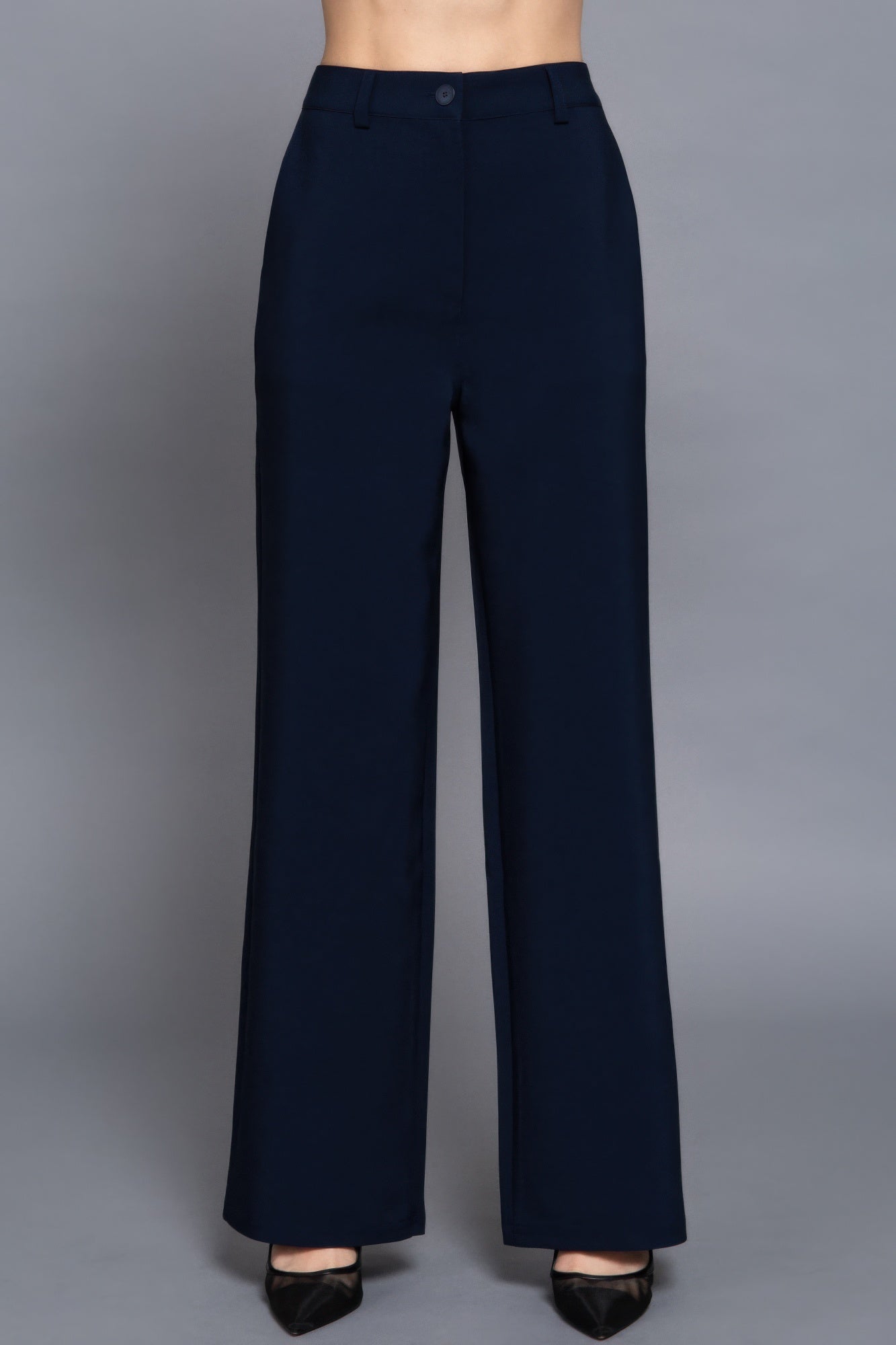 Front view of navy straight-leg pants with flat front and button closure
