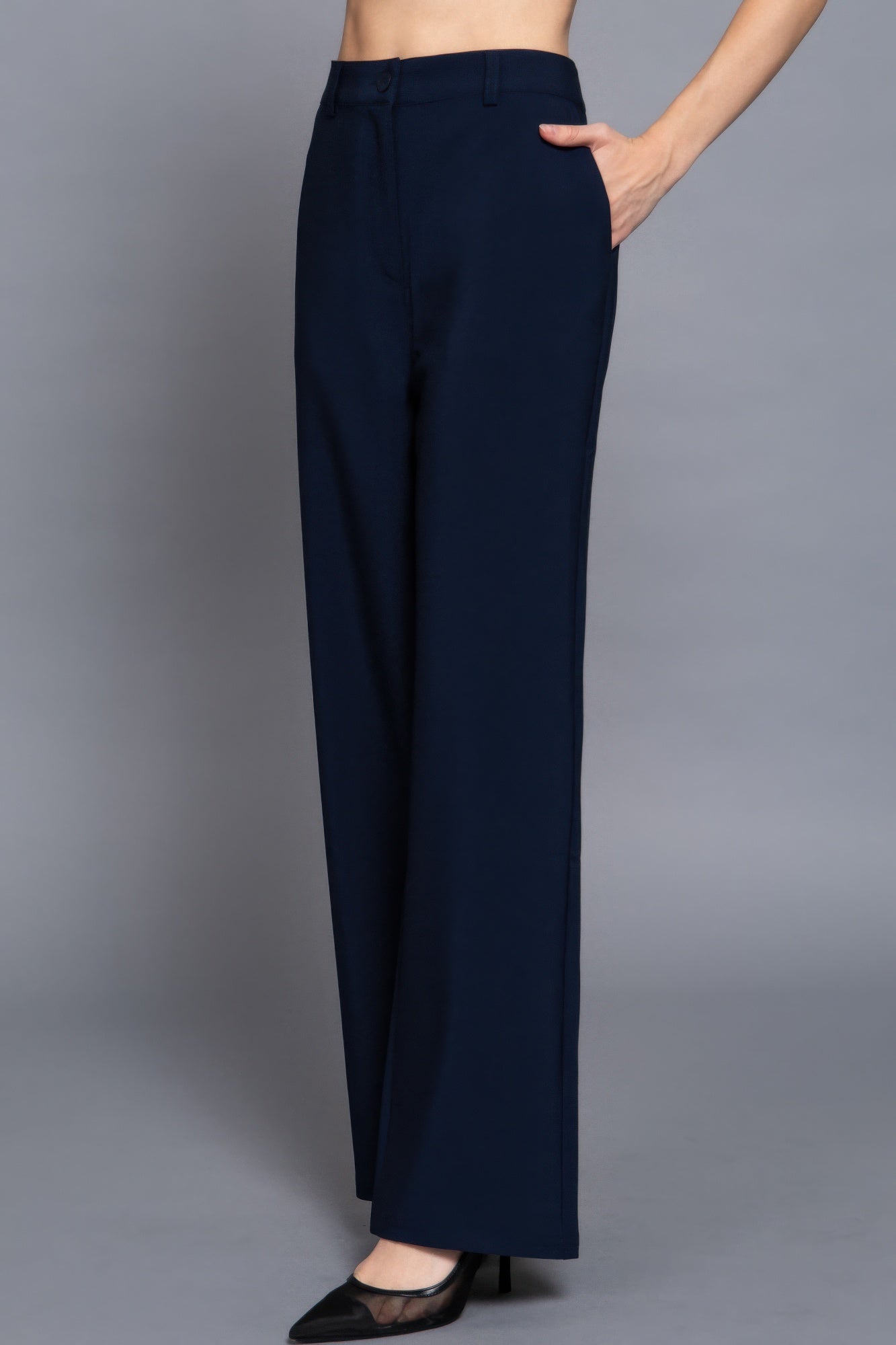 Side view of navy straight-leg pants 
