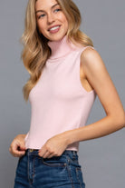 Side view of blush pink sleeveless knit mock neck top-AVAH