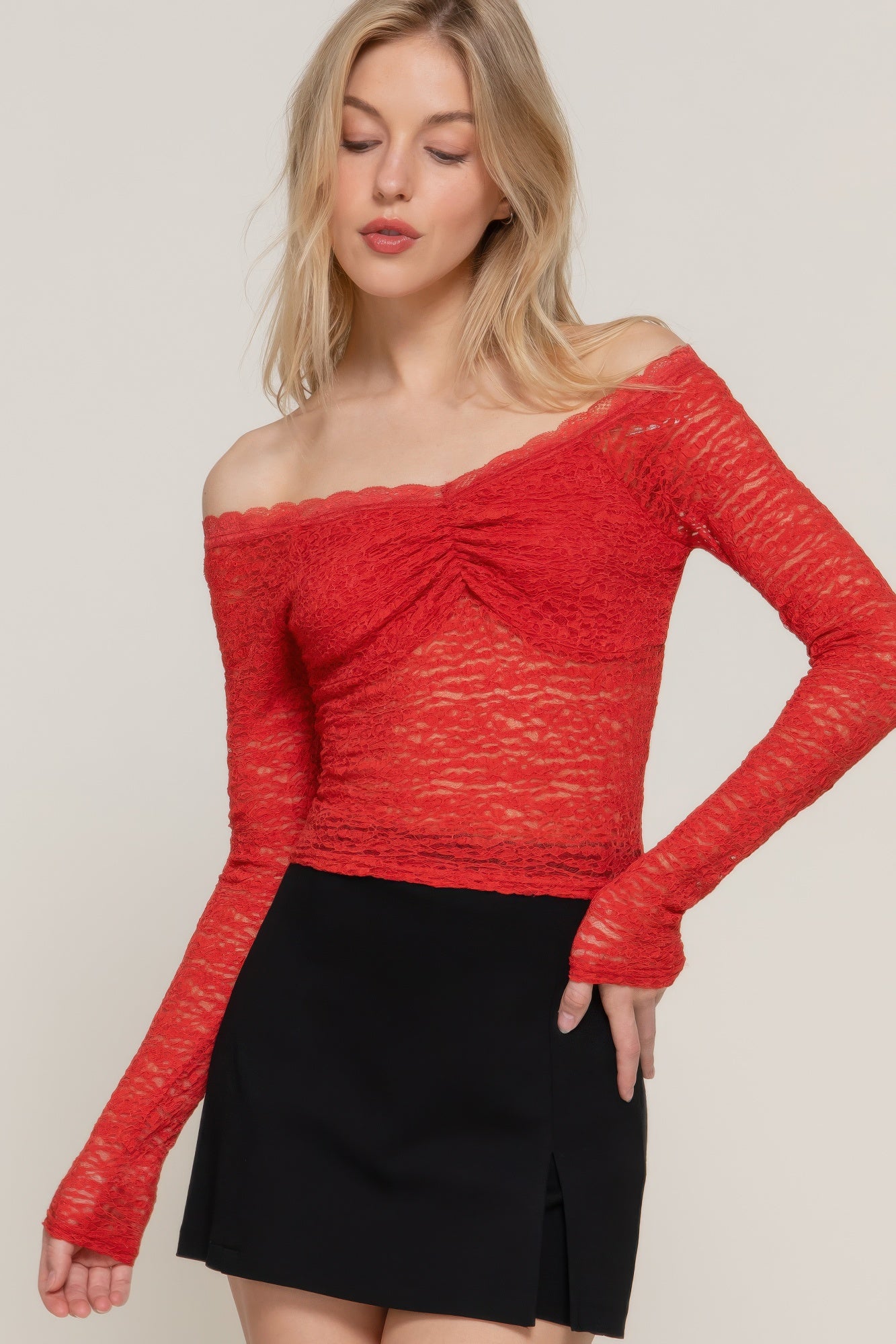 Red off-shoulder lace top with long sleeves, front view on model-AVAH