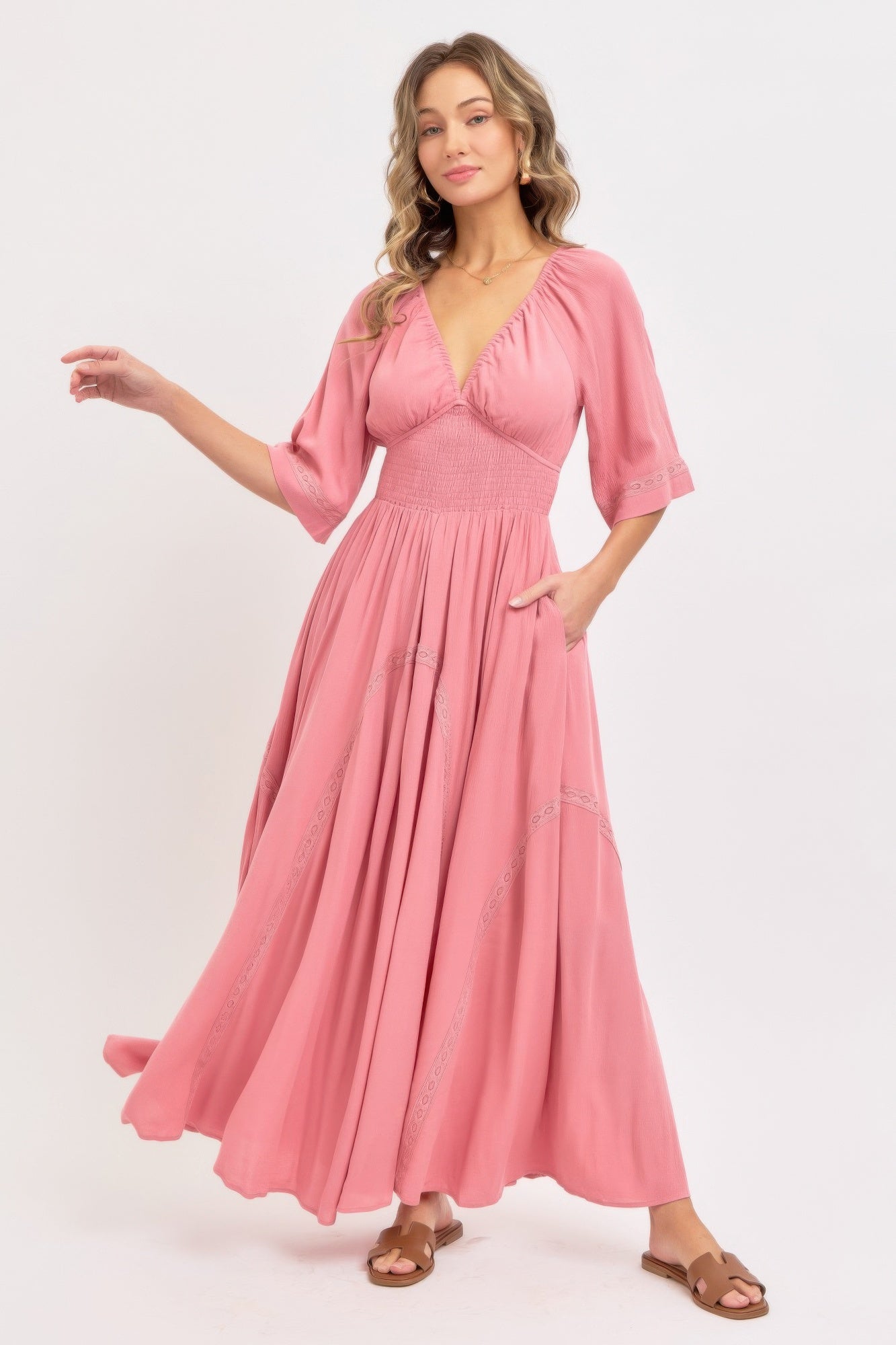 Lovely Pink V-Neck Maxi Dress Pink / S
