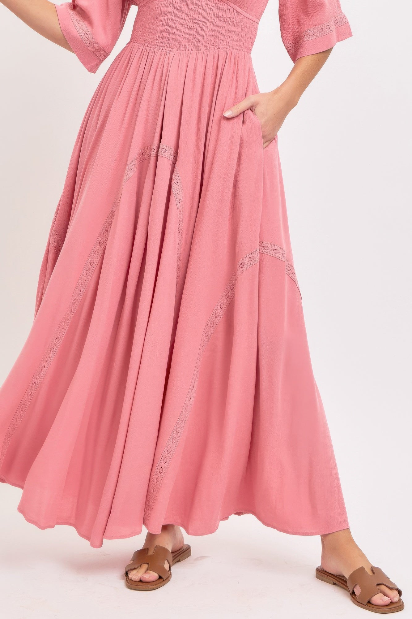 showcasing pockets of pink maxi dress