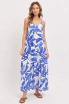 Blue and white floral maxi dress front view