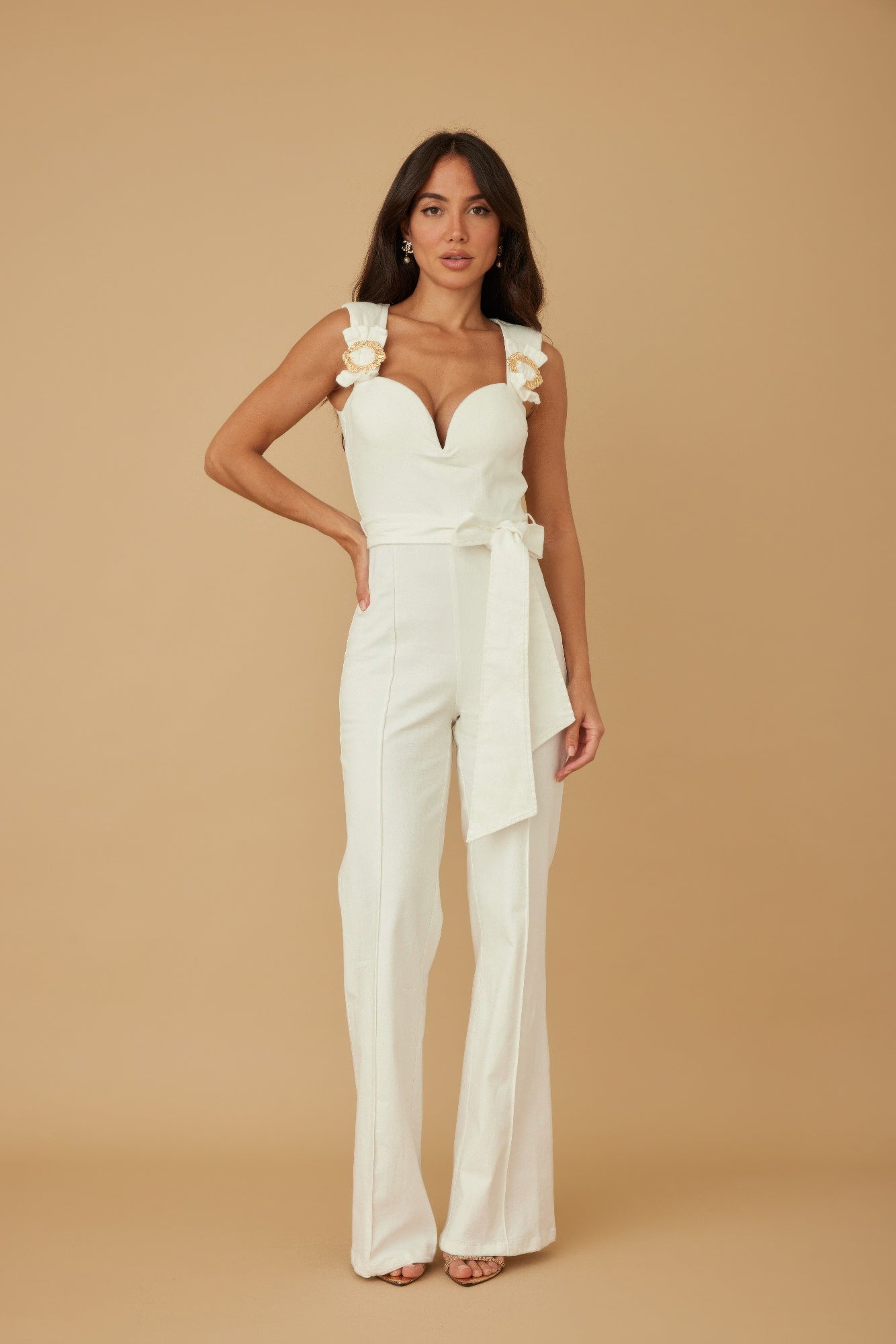 Main Event White Wide Leg Jumpsuit with sweetheart bustier bodice and gold hardware ruffle straps front view, AVAH