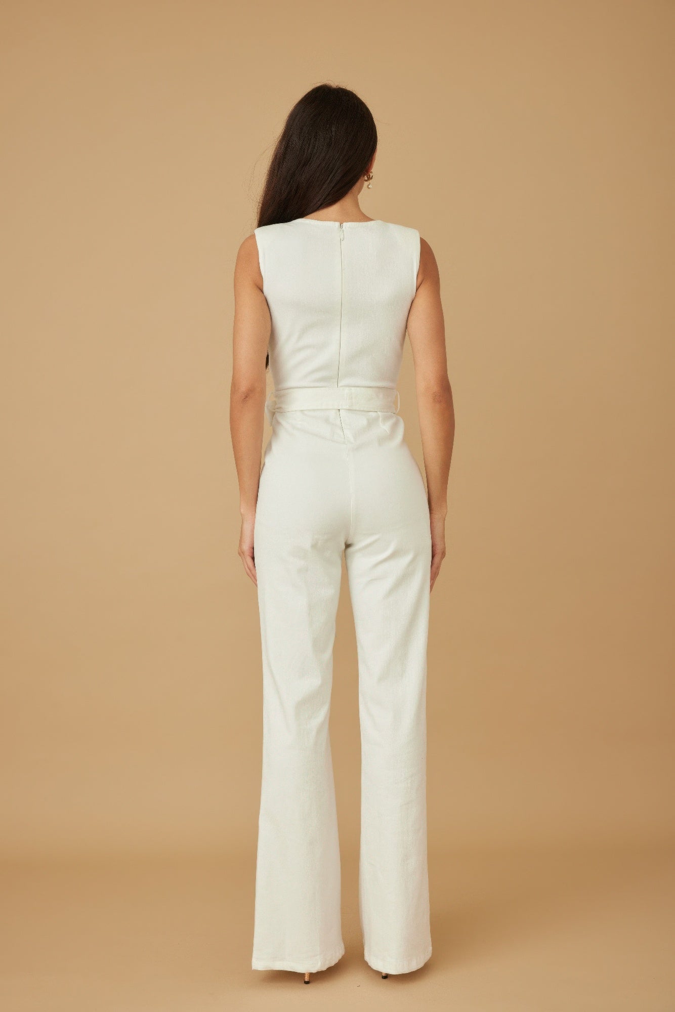 Back view of Main Event White Wide Leg Jumpsuit showing back zip closure and full length trouser, AVAH