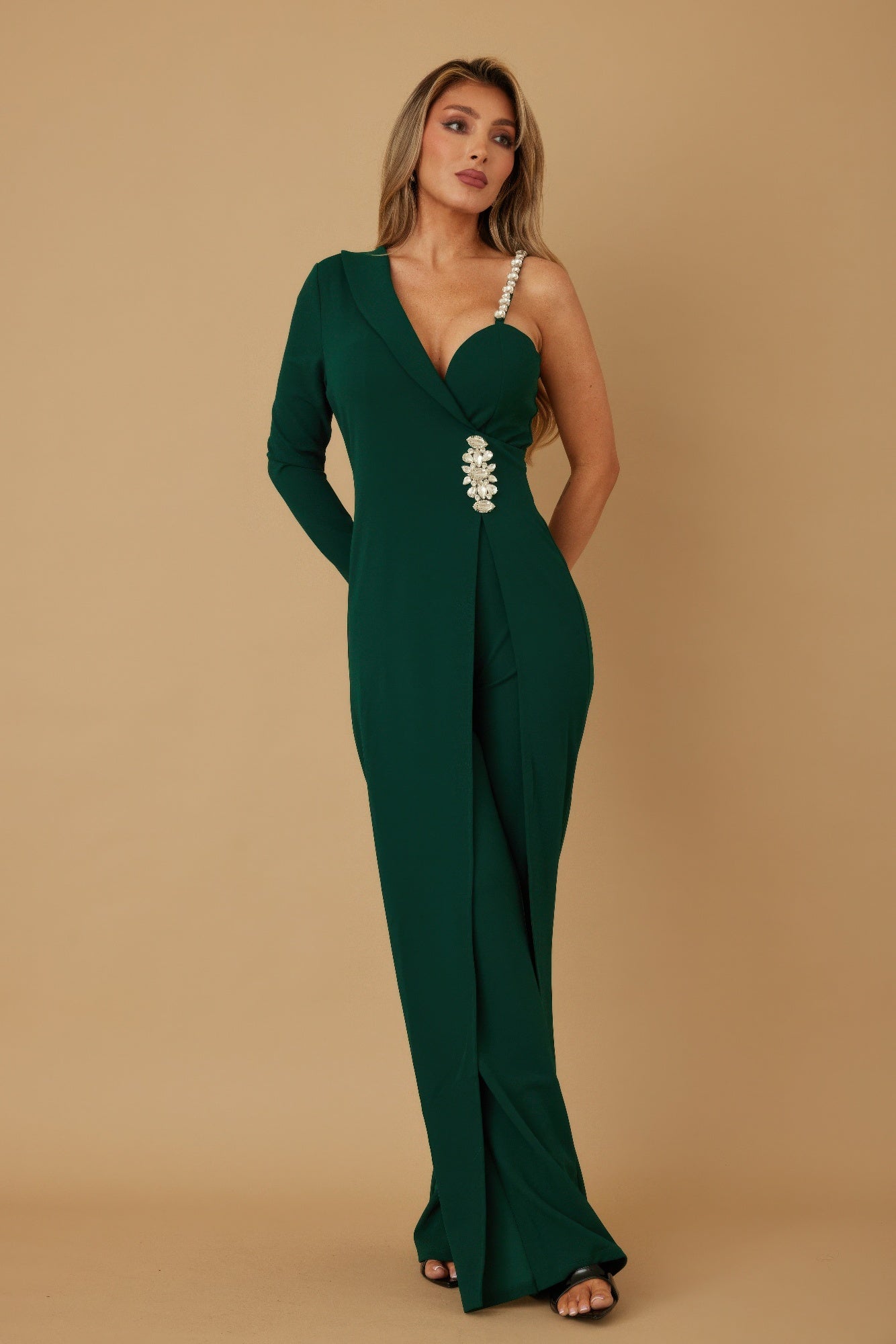 Emerald green one-shoulder jumpsuit with crystal embellishment, full-length front view-AVAH