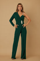 Emerald green one-shoulder jumpsuit with crystal embellishment, full-length front view
