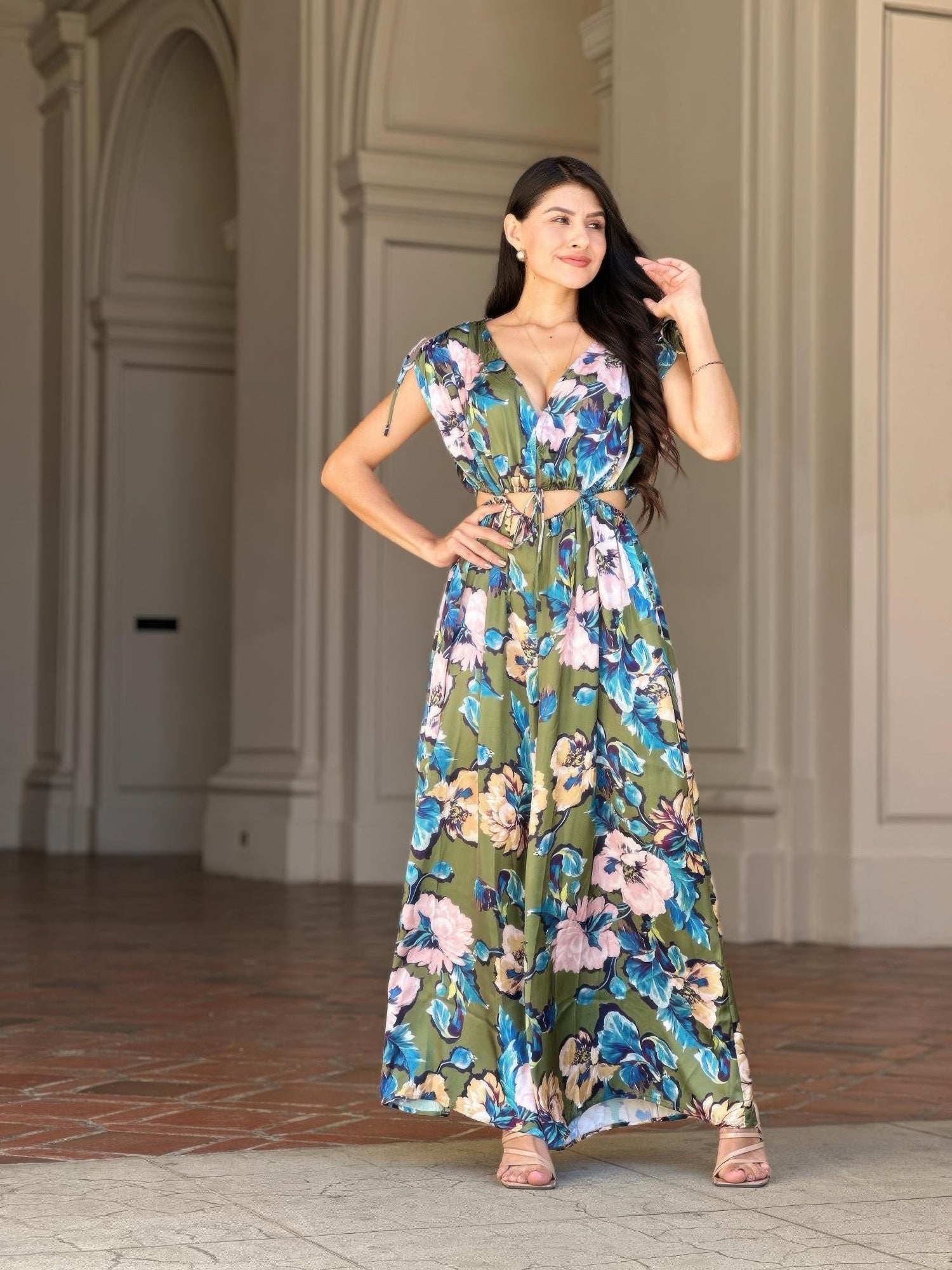 Olive green floral satin wide leg jumpsuit front view

