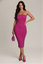 Valentina Strapless Knit Midi Dress in pink featuring strapless neckline and fitted midi silhouette