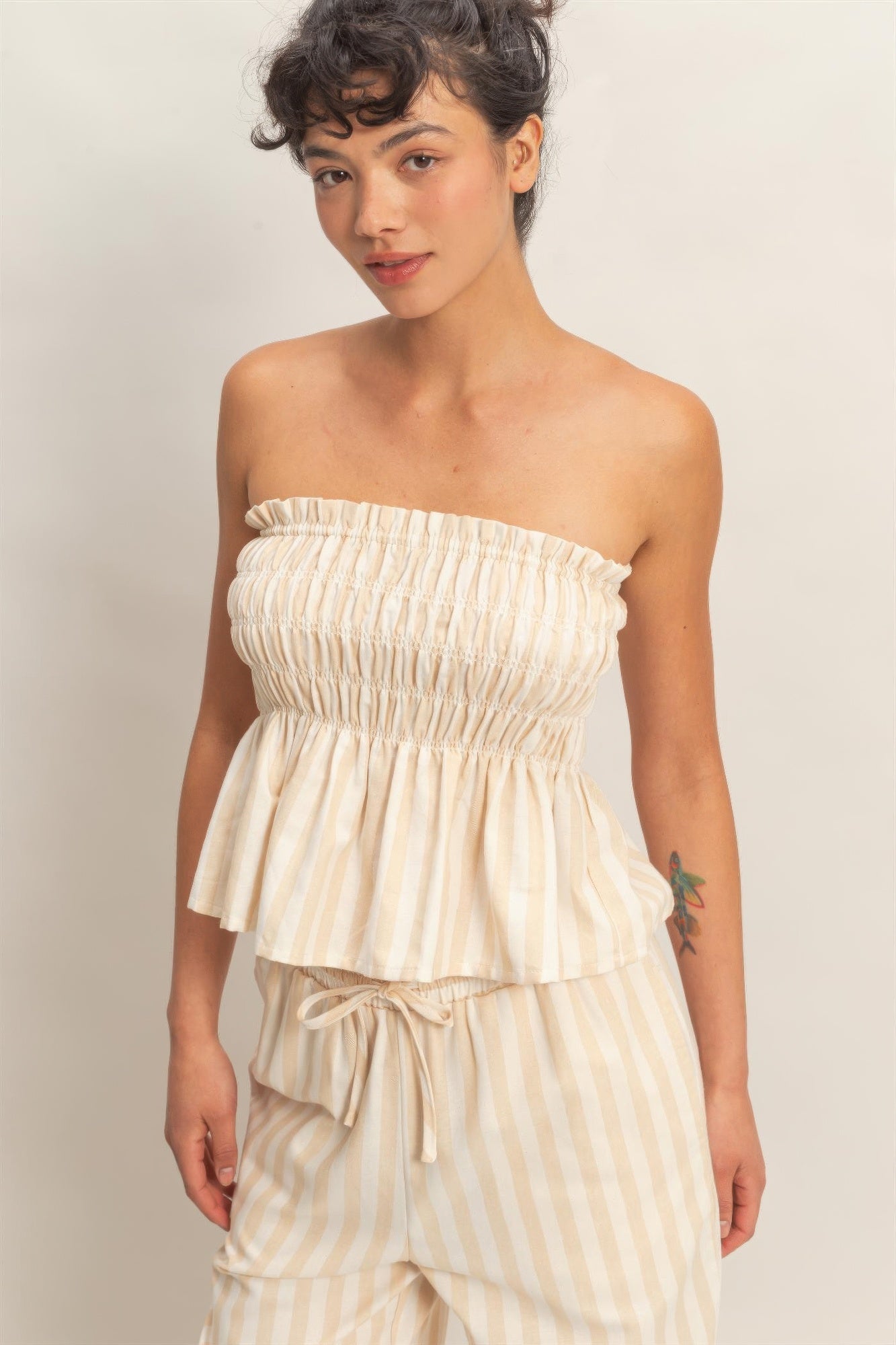 smocked strapless cream top peplum striped women's top