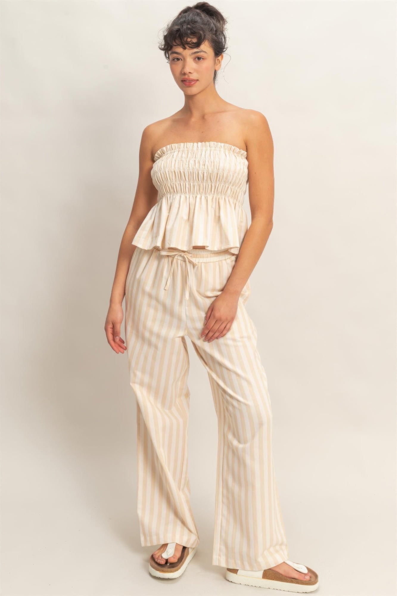 strapless smocked top matching striped pants set outfit