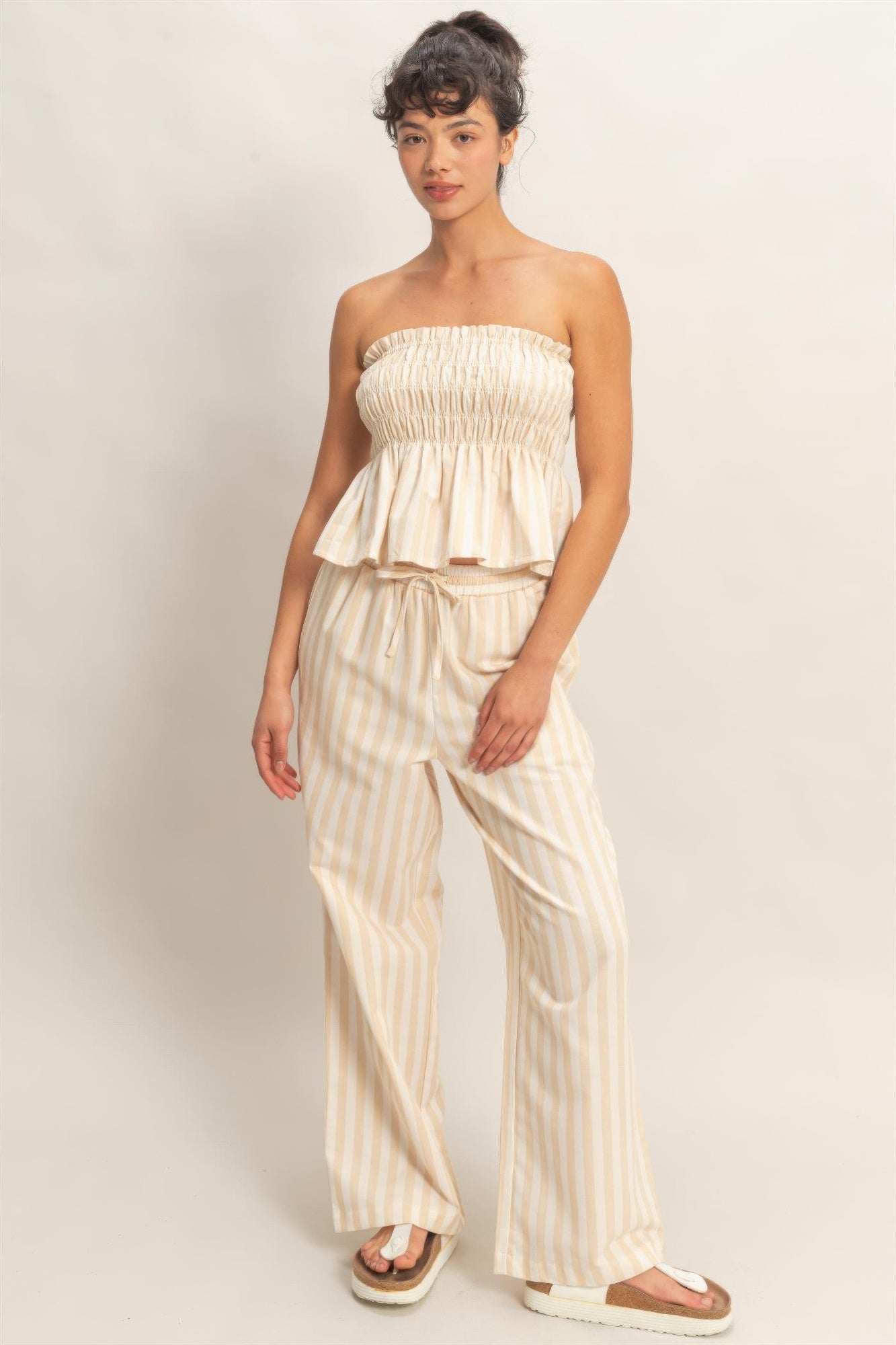 cream striped wide leg pants matching strapless top set