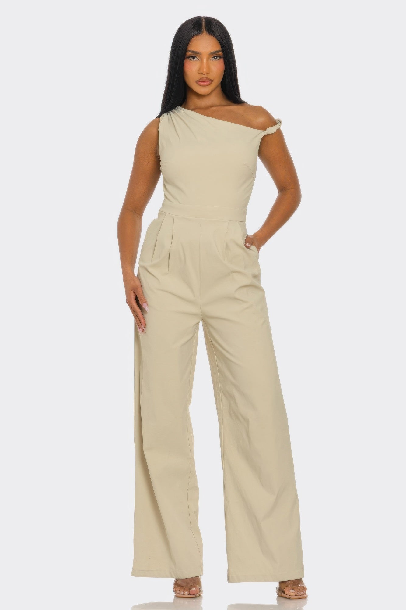 one shoulder beige wide leg jumpsuit front view
