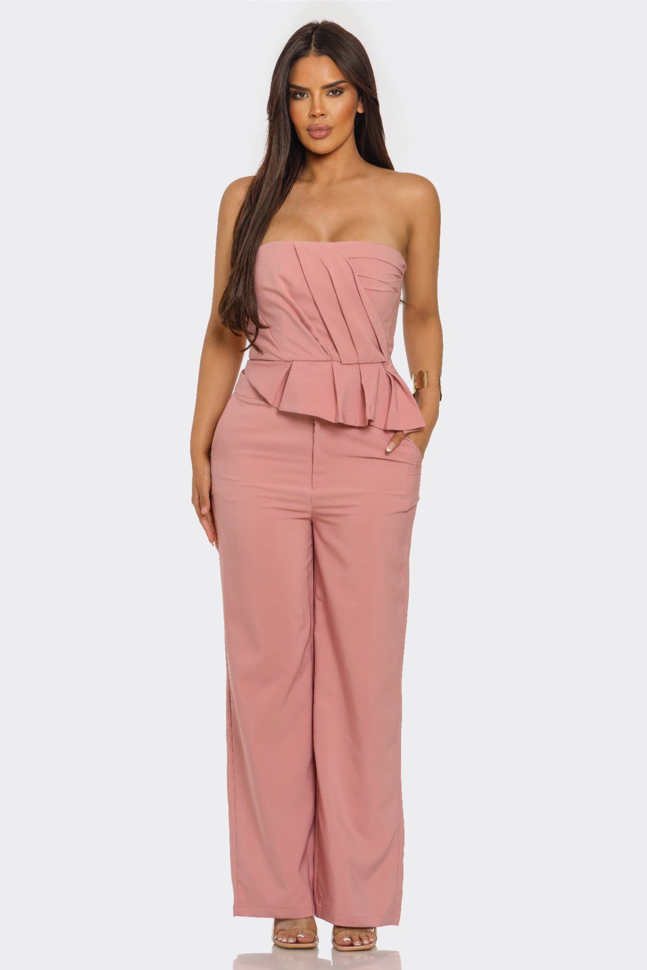 Blush strapless peplum top and wide leg pants set front view