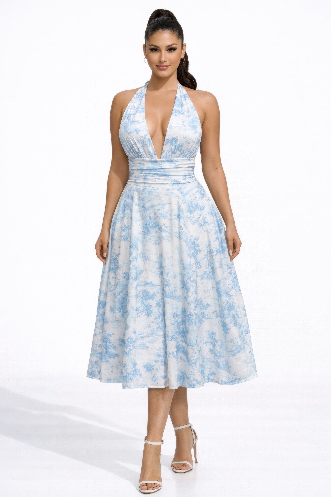 Blue halter midi dress front view flowy silhouette
