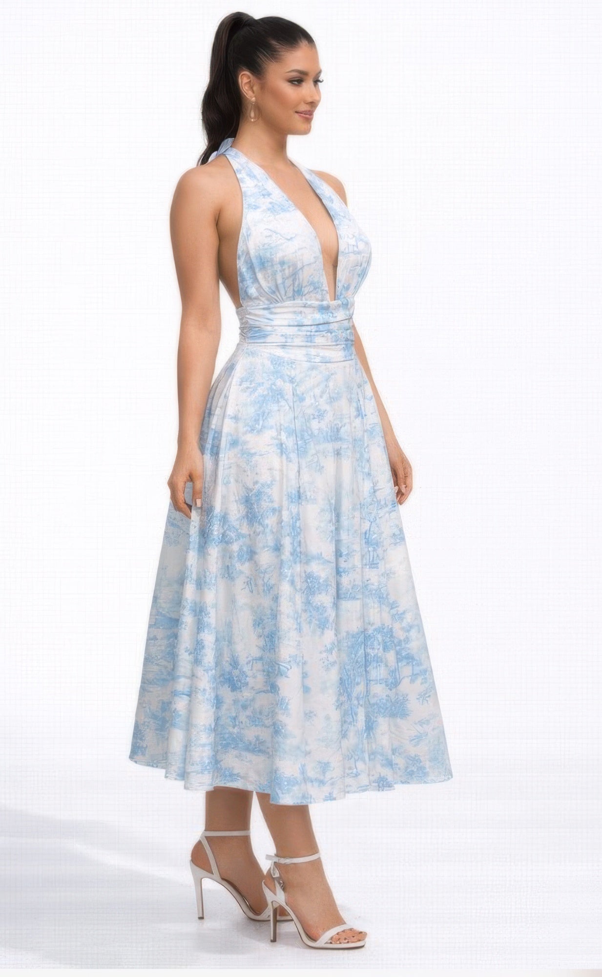 Side view blue halter midi dress structured waist
