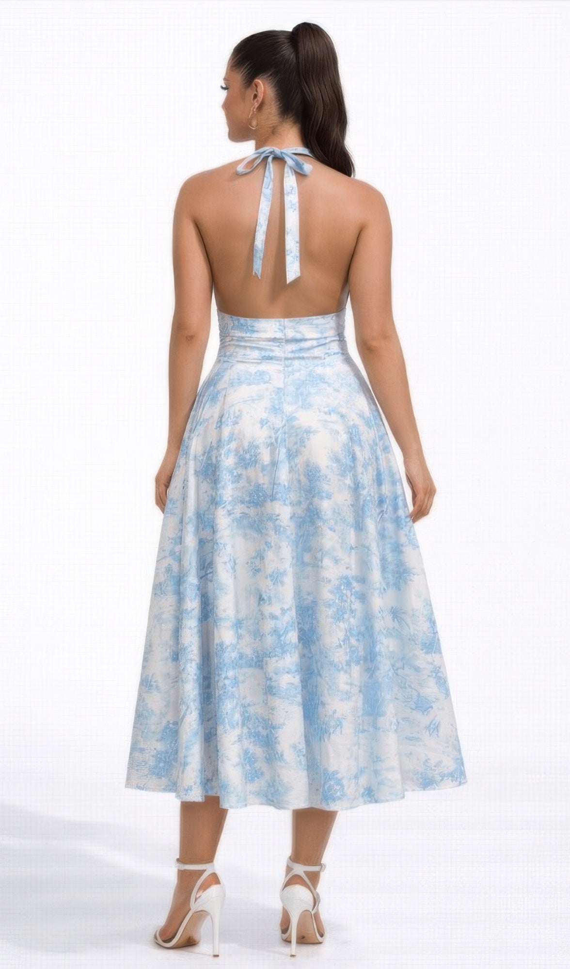 Back view blue halter dress open back tie detail