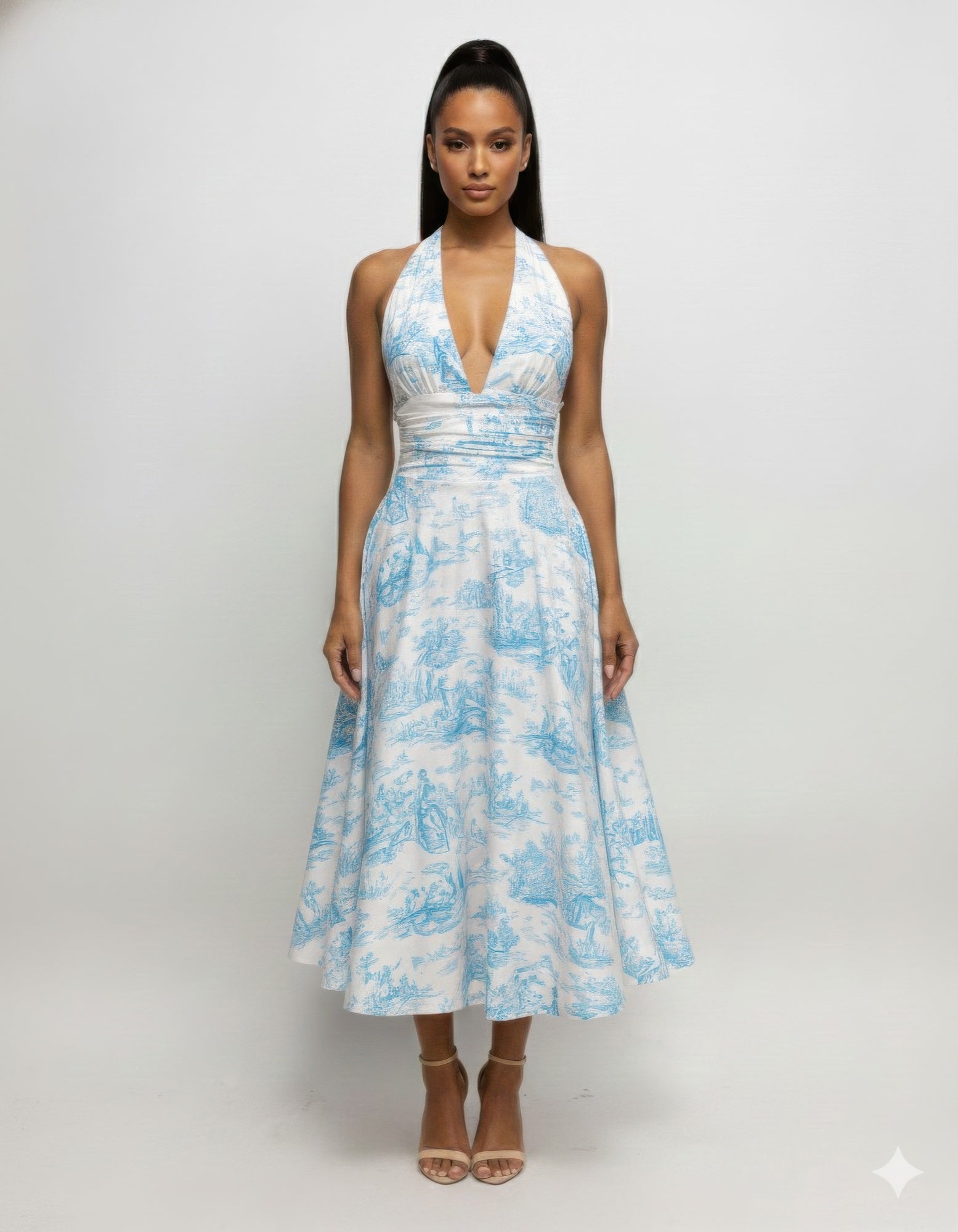 Blue halter midi dress front view flowy silhouette
