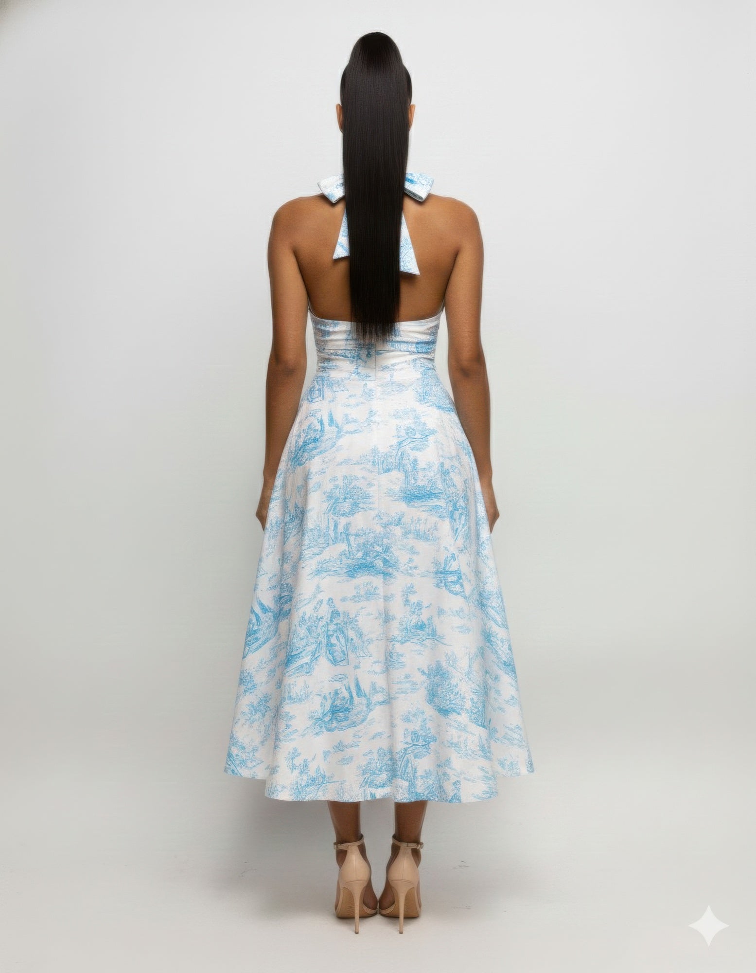 Back view blue halter dress open back tie detail