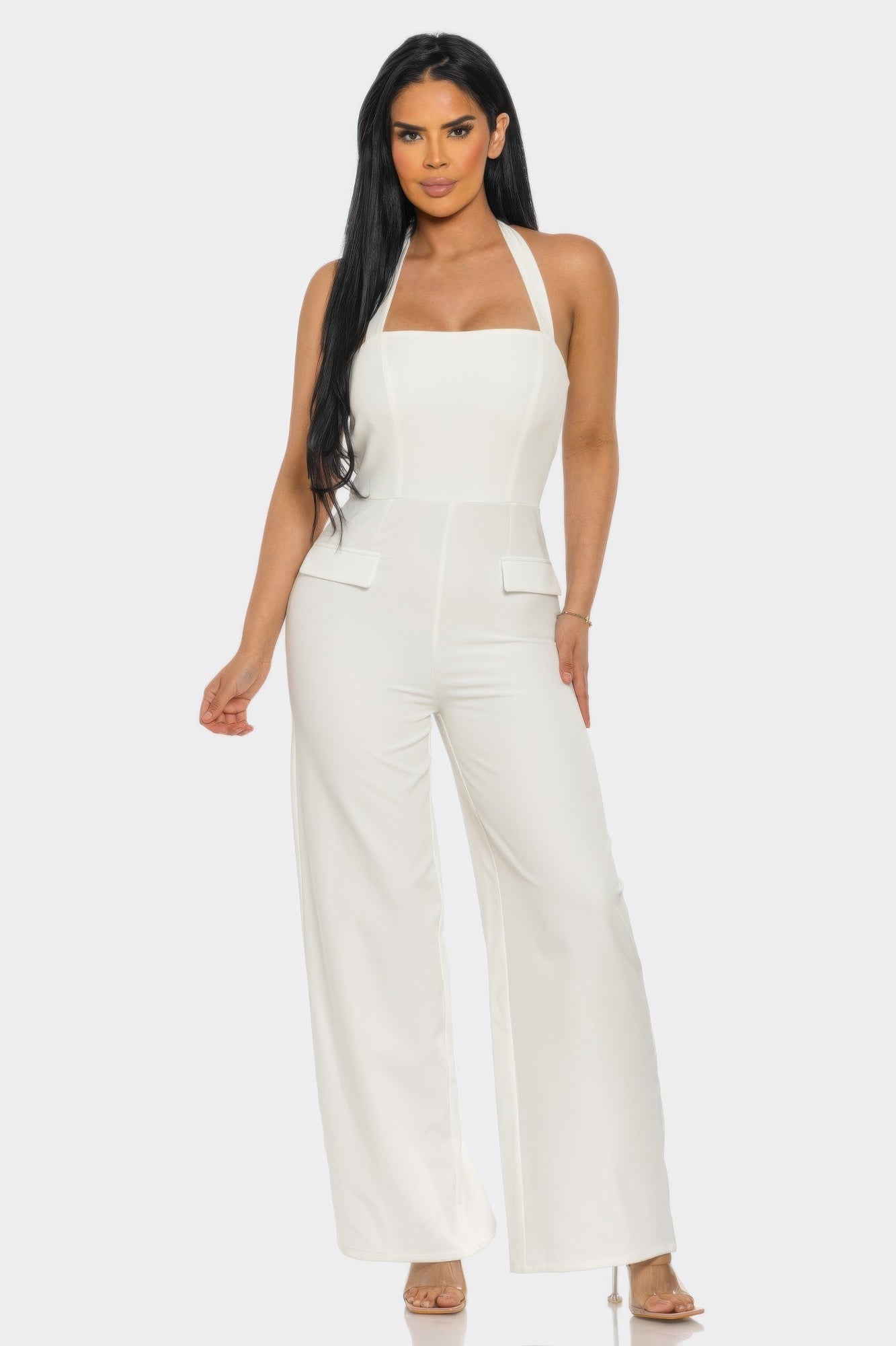 Off white halter wide leg jumpsuit with square neckline, defined waist and faux flap pockets, front view