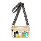AVAH- clear stadium crossbody bag with gold accents, and leopard straps, against a white background.