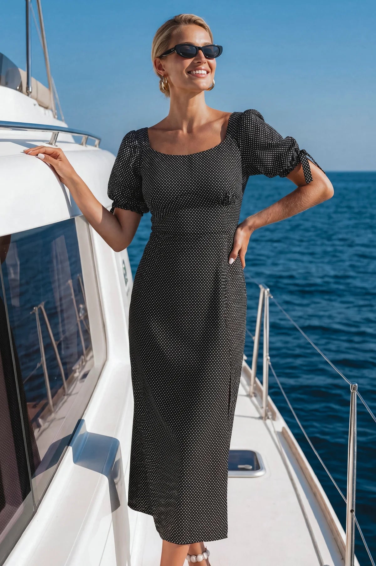 Model wearing the Cala Luna Puff Sleeve Midi Dress in black polka dot while standing on a yacht, featuring a scoop neckline, puff sleeves, and midi length.