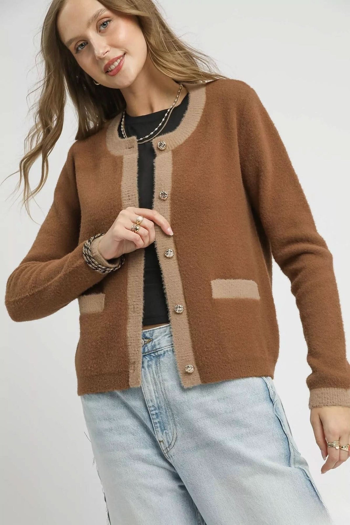 Camille Contrast Trim Knit Cardigan in latte brown with beige trim, decorative gold tone buttons and front patch pockets.