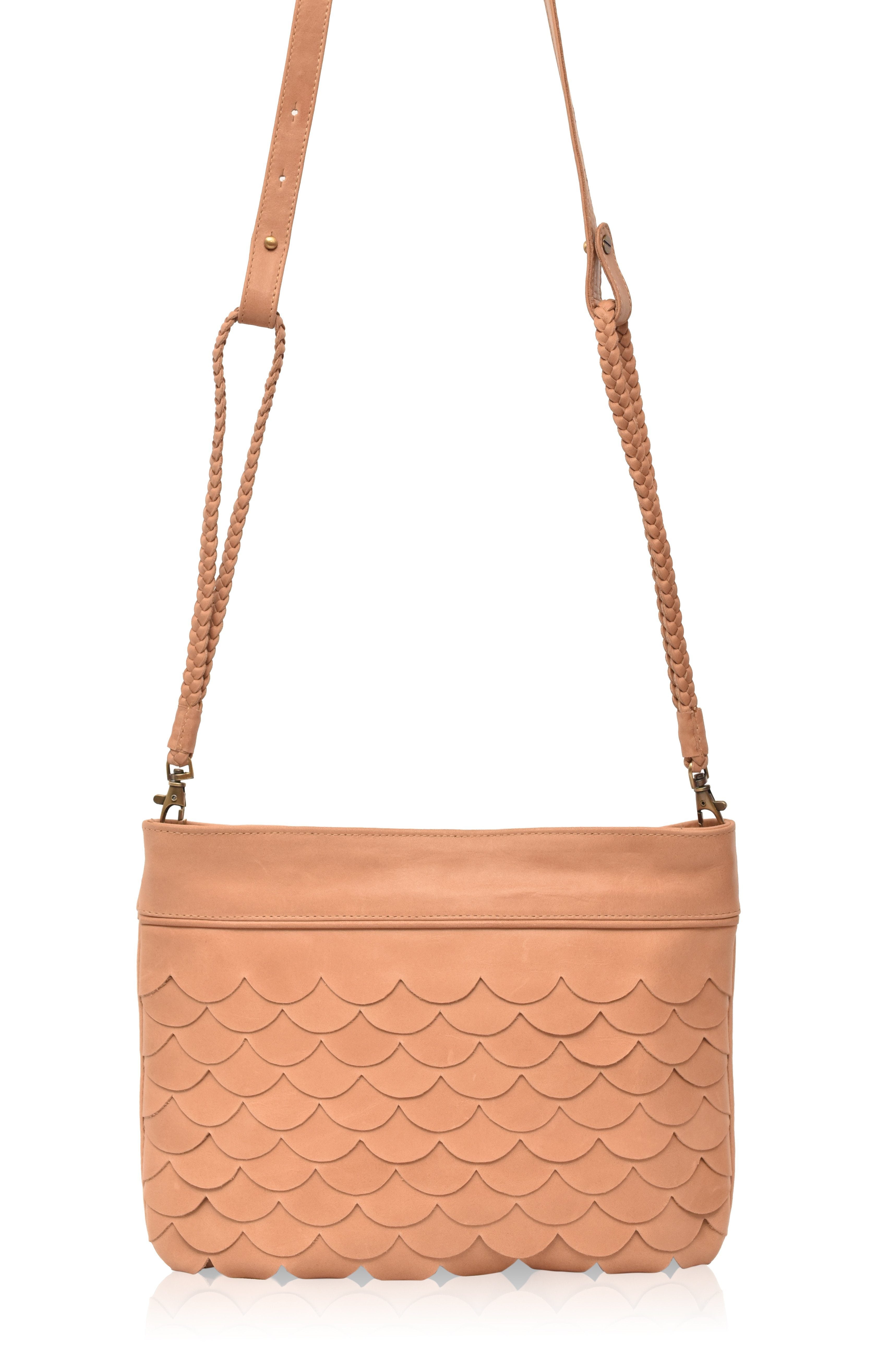 Cascade Leather Crossbody Clutch in beige with detachable woven leather crossbody strap
