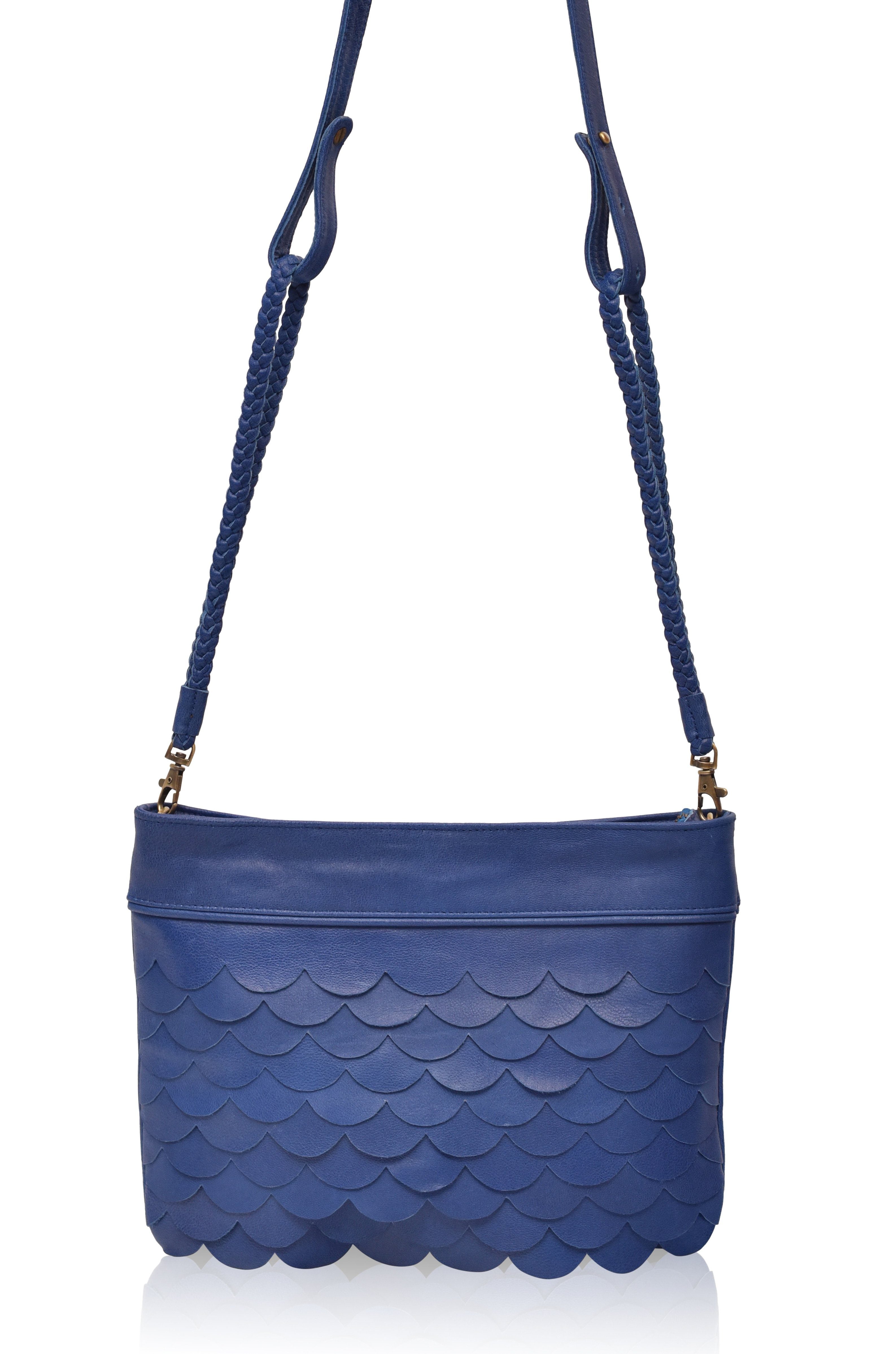 Royal blue Cascade Leather Crossbody Clutch with detachable woven leather crossbody strap
