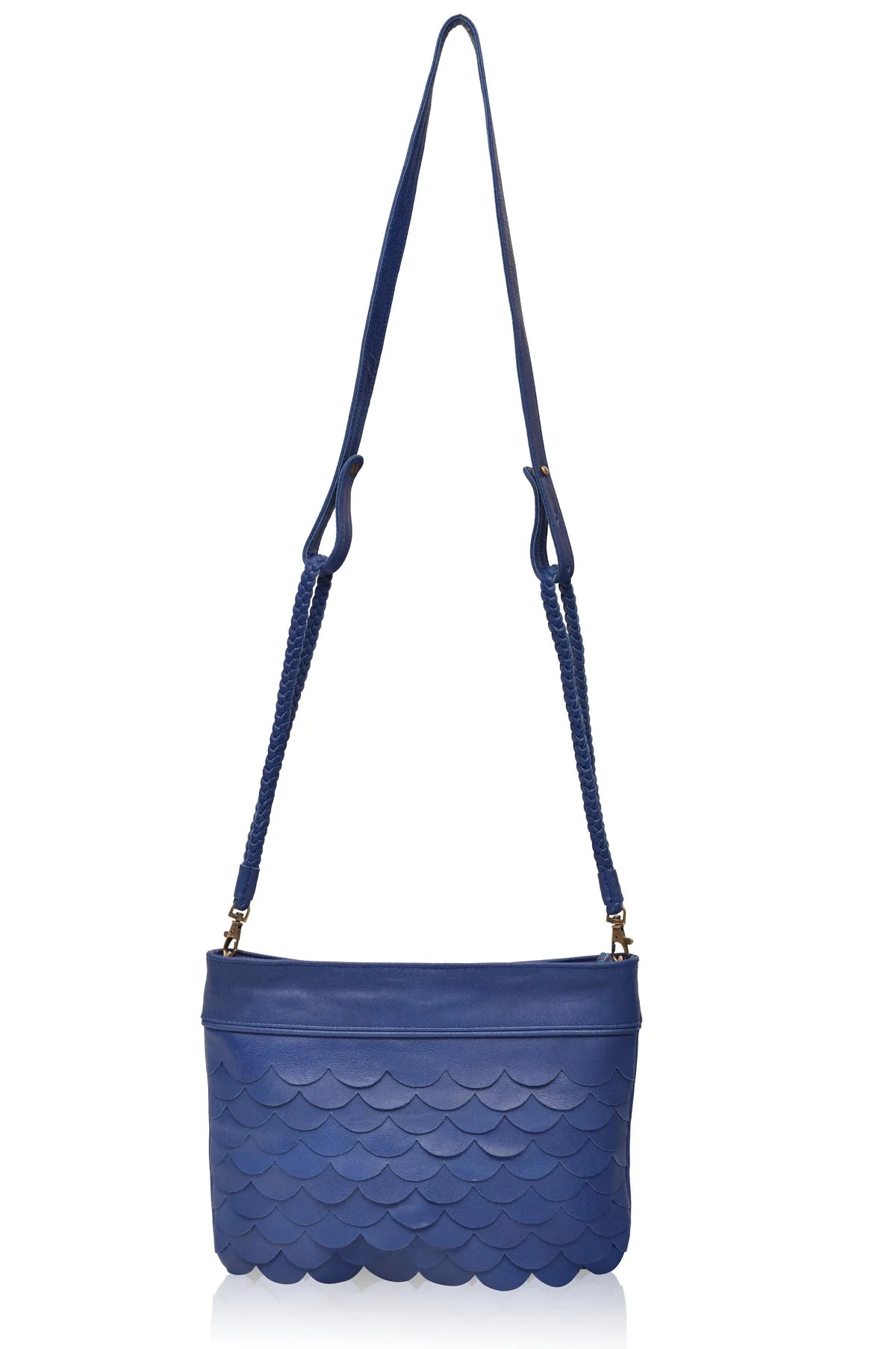 Cascade Leather Crossbody Clutch in royal blue with adjustable woven leather strap