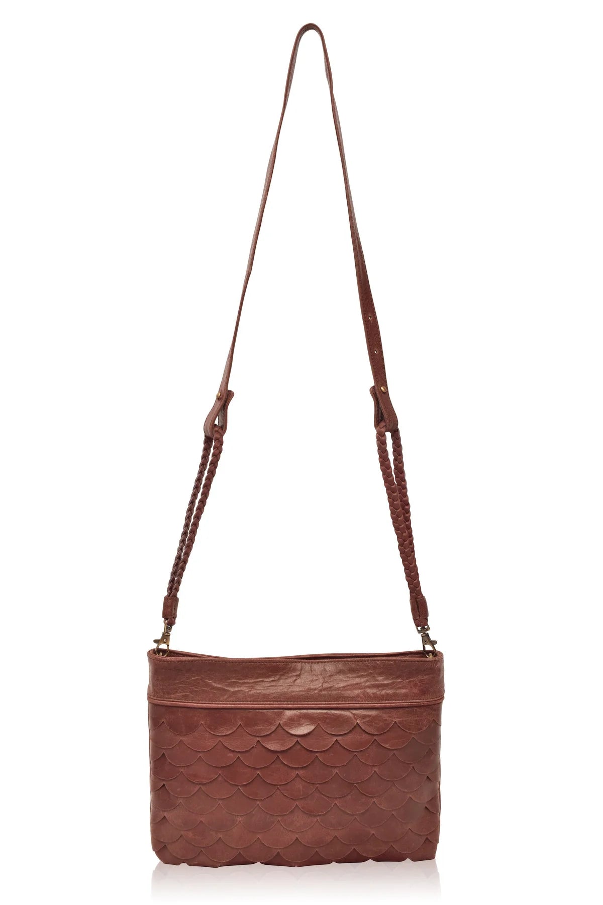 Cascade Leather Crossbody Clutch in vintage brown with adjustable woven leather crossbody strap
