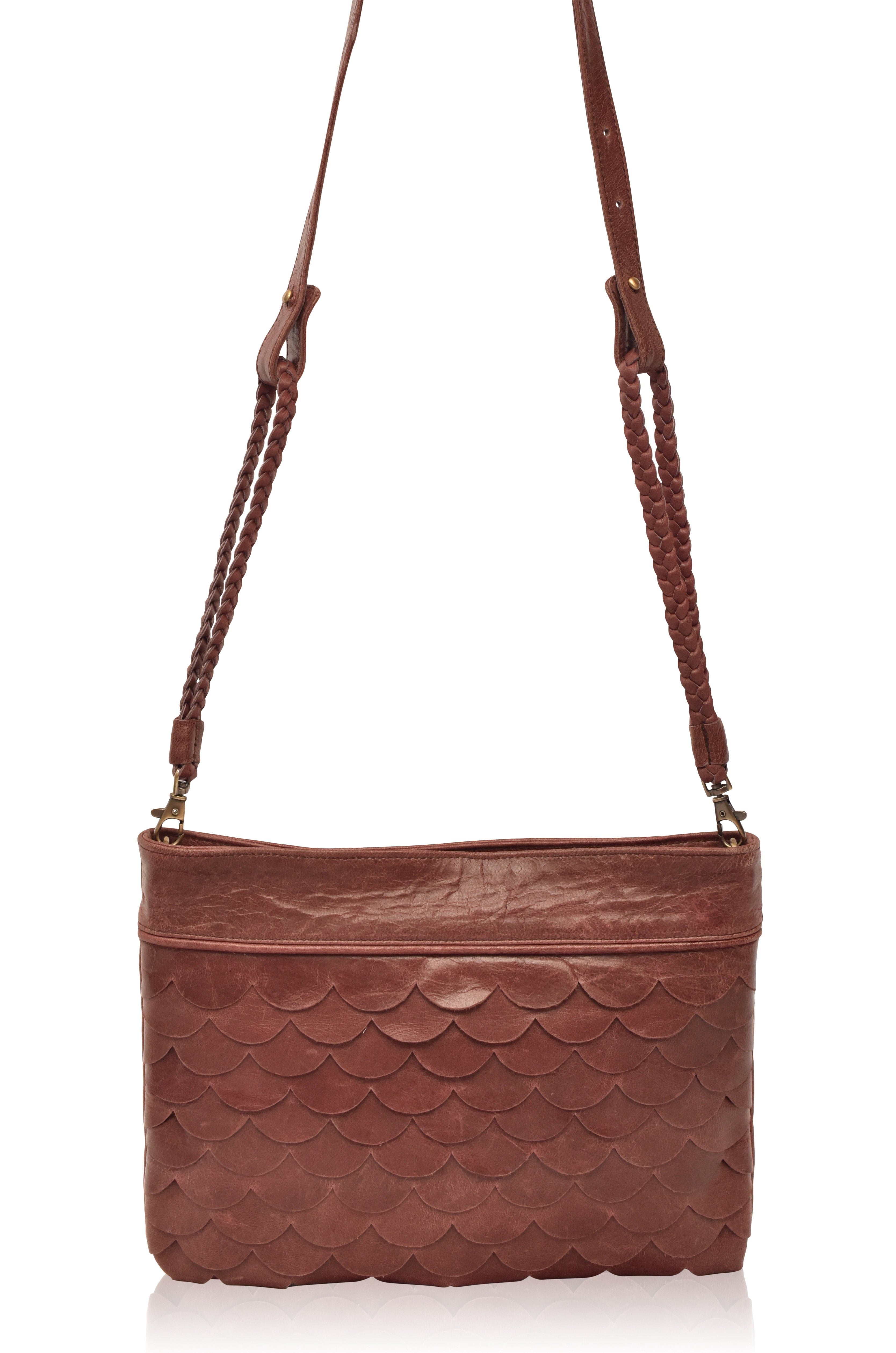 Cascade Leather Crossbody Clutch in vintage brown with adjustable woven leather crossbody strap
