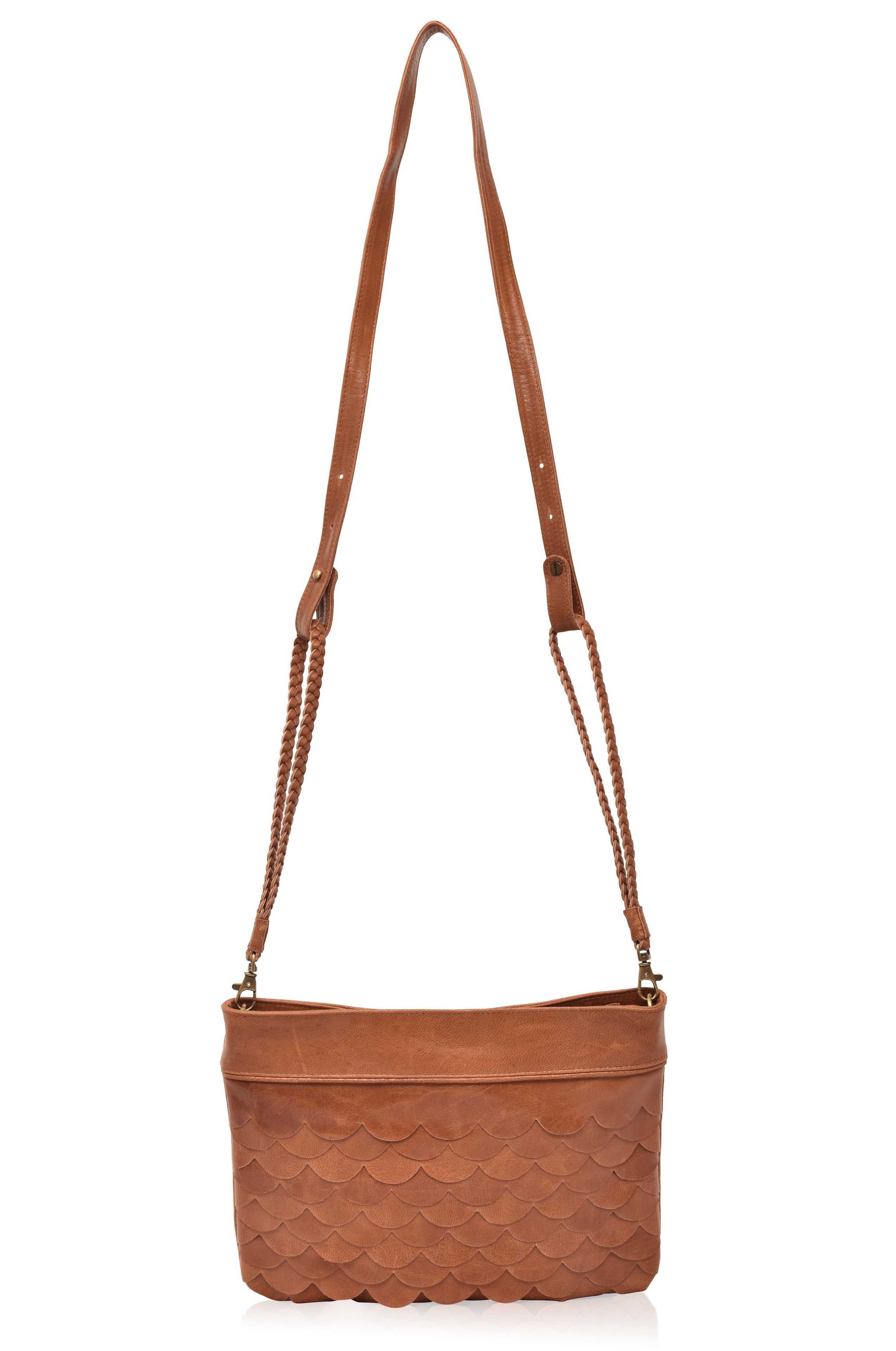 Cascade Leather Crossbody Clutch with adjustable woven leather strap in vintage camel
