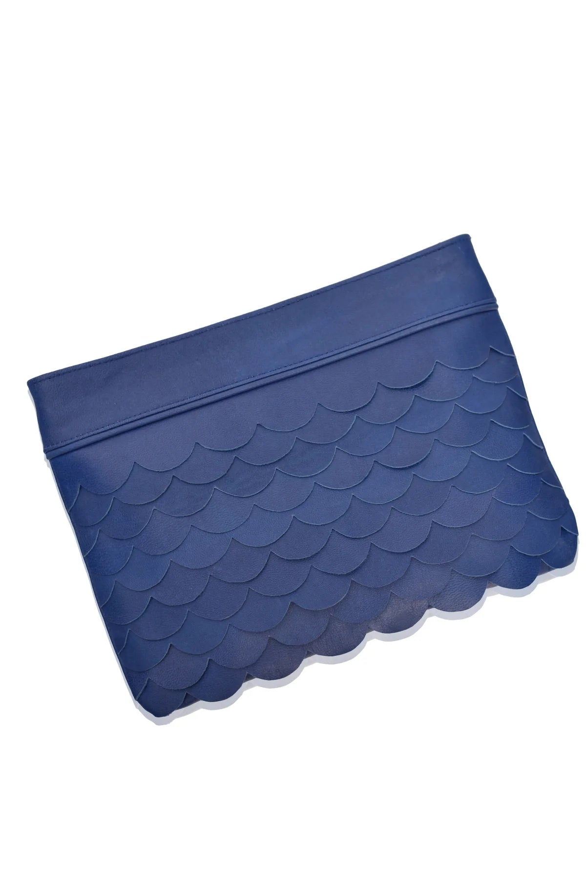Royal blue Cascade Leather Crossbody Clutch featuring scalloped genuine leather panels
