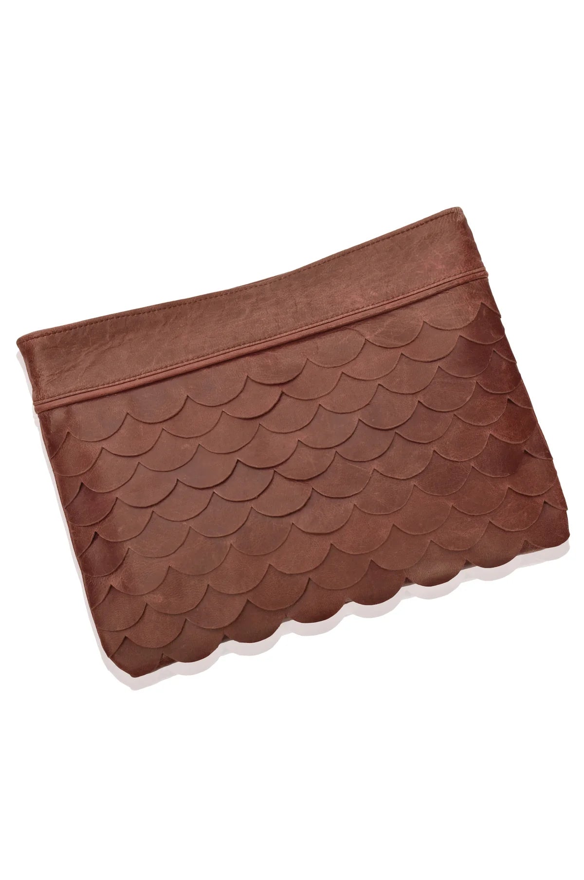 Vintage brown Cascade Leather Crossbody Clutch with scalloped genuine leather detailing
