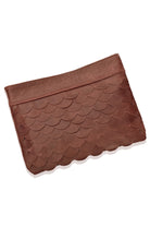 Vintage brown Cascade Leather Crossbody Clutch with scalloped genuine leather detailing
