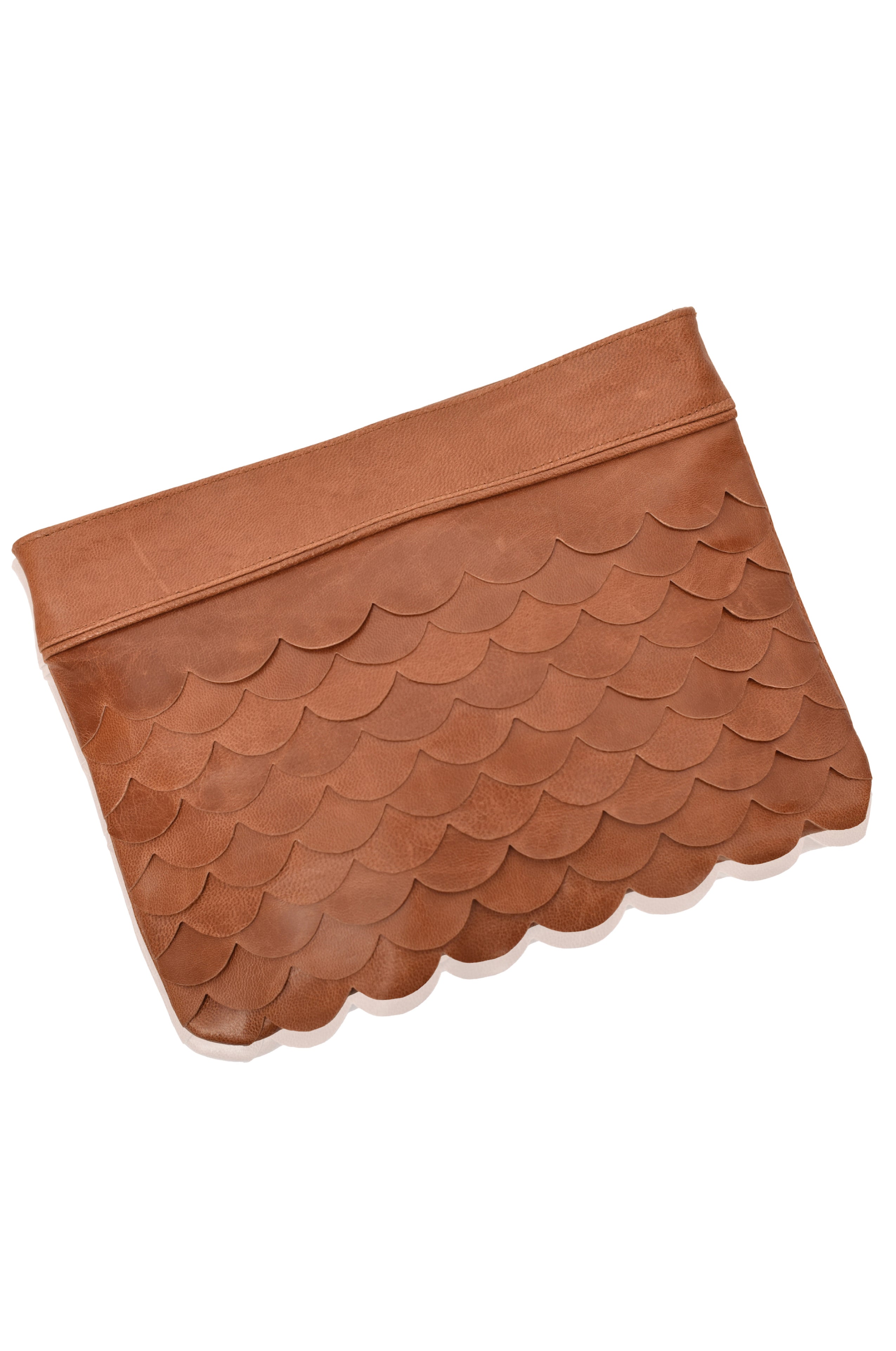 Cascade Leather Crossbody Clutch in vintage camel showing scalloped genuine leather design
