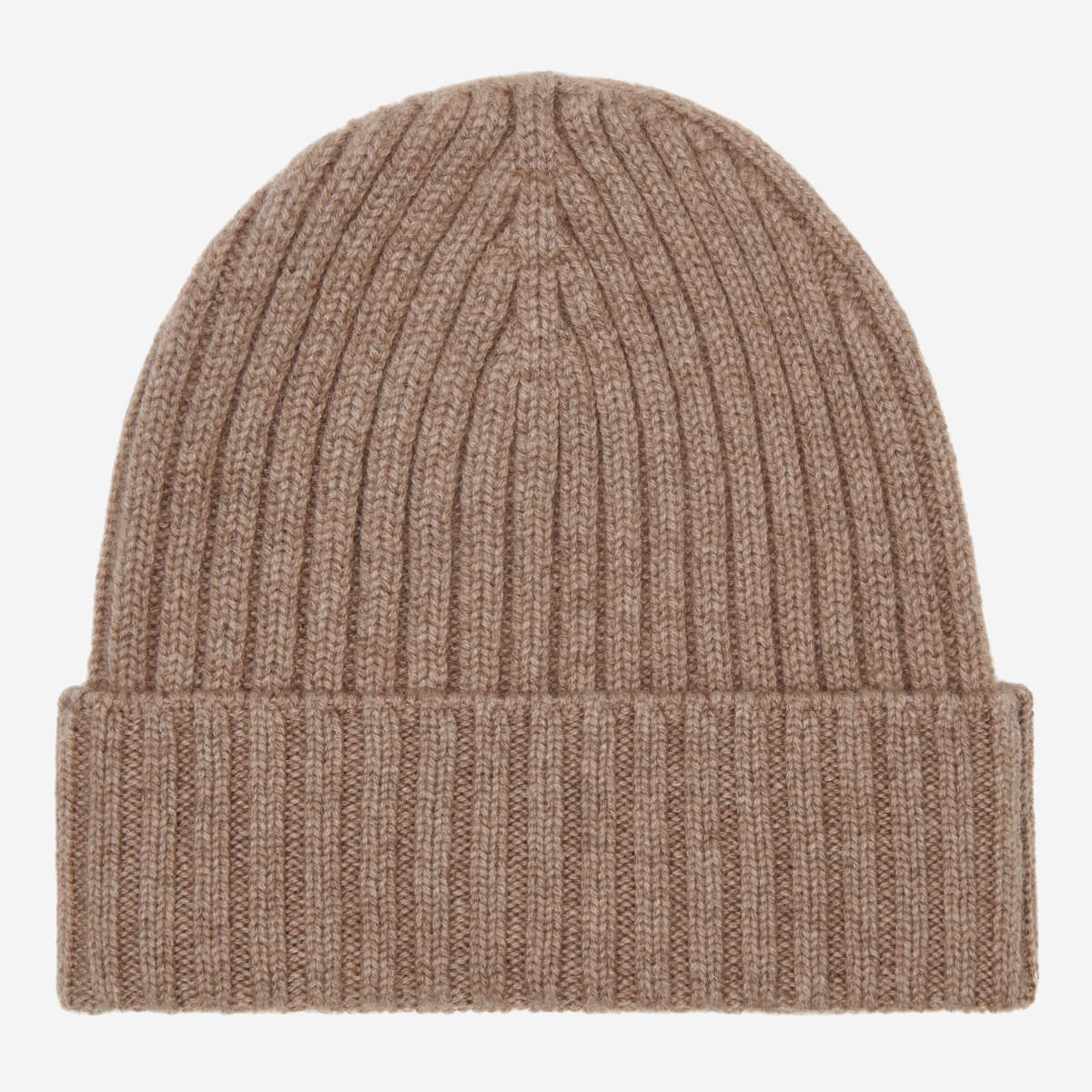 Brown knit beanie on a light gray background