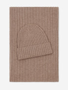 Brown cashmere knit beanie and scarf set on a white background