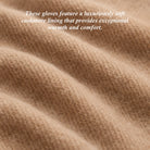 Close-up of cashmere fabric with text about its softness and comfort.