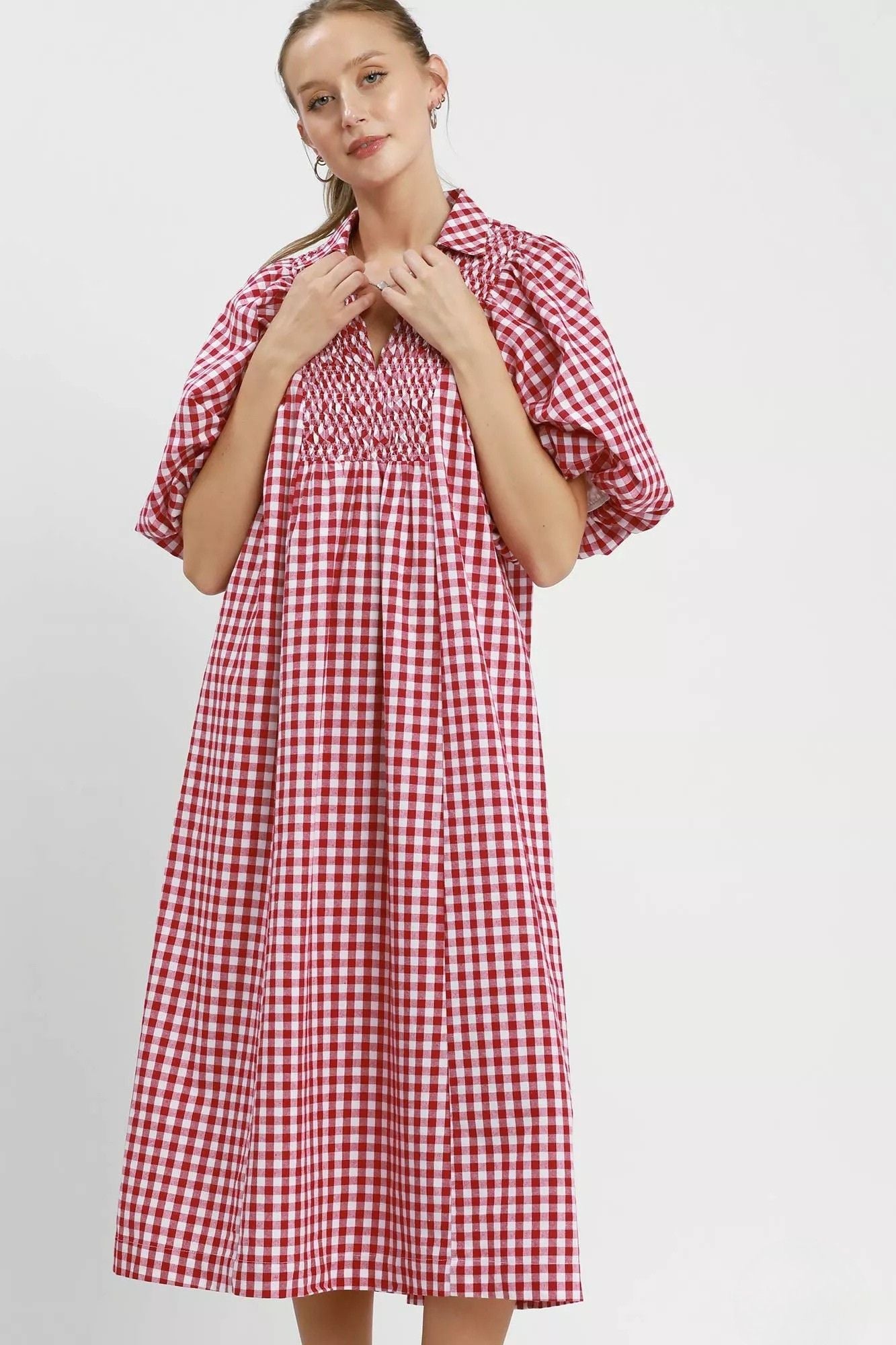 Cherry Check Gingham Midi Dress with collared V neckline and smocked bodice front view, AVAH