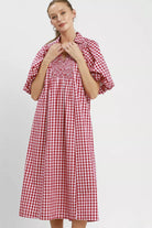 Cherry Check Gingham Midi Dress with collared V neckline and smocked bodice front view, AVAH