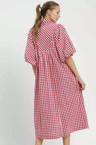  Back view of Cherry Check Gingham Midi Dress showing puff sleeves and full skirt sweep, AVAH