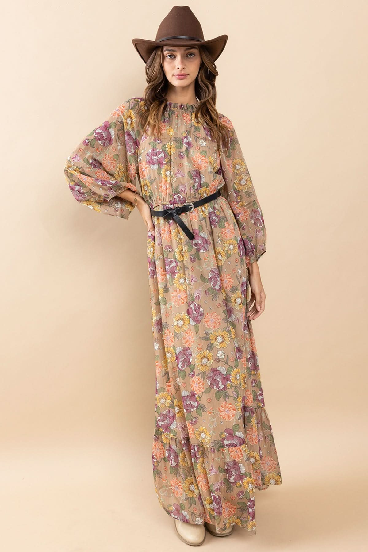 AVAH-Chic Essence Mock Neck Long Sleeve Floral Maxi Dress-Taupe