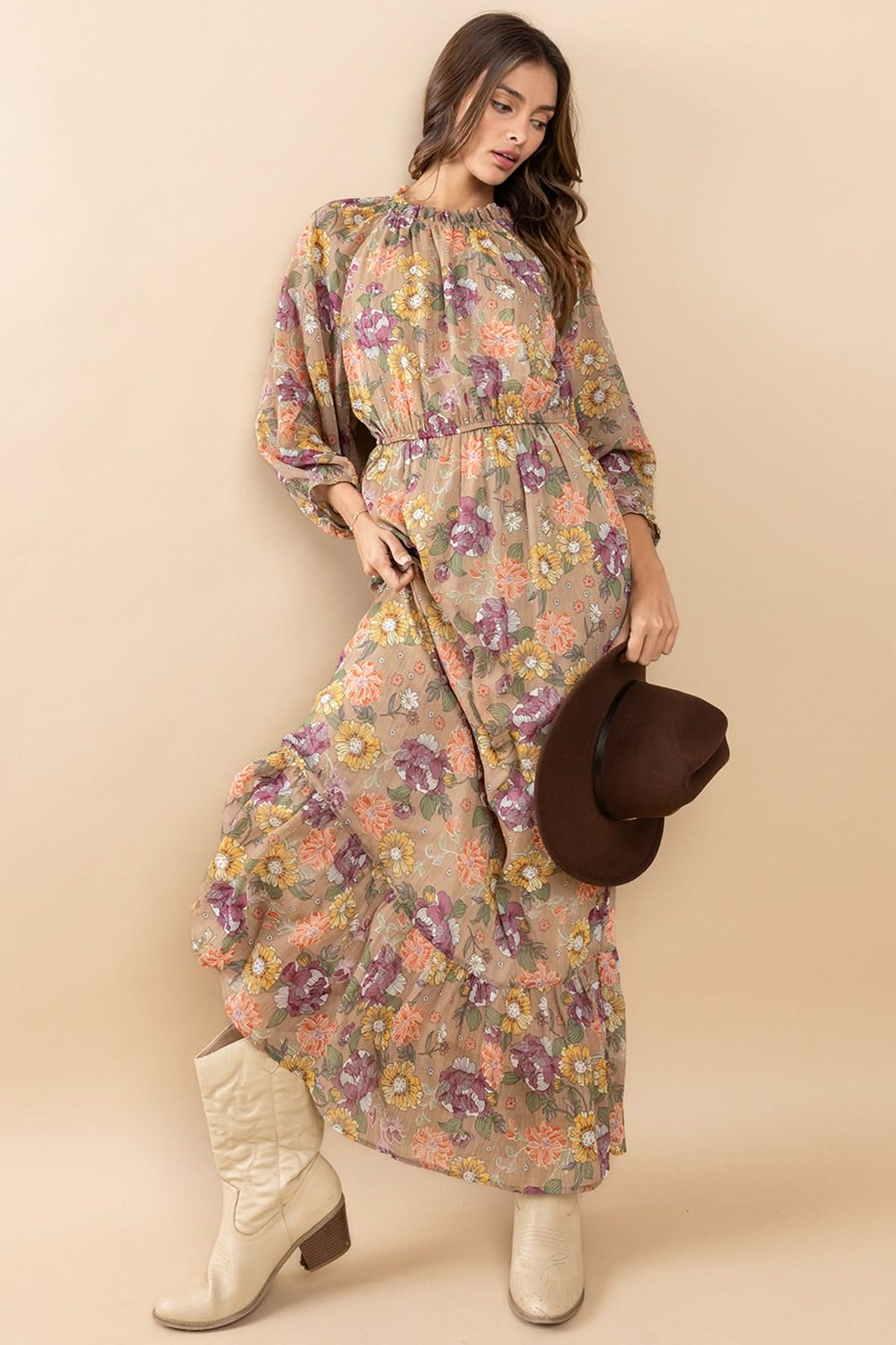 AVAH-Chic Essence Mock Neck Long Sleeve Floral Maxi Dress-Taupe