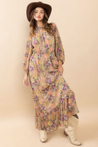 AVAH-Chic Essence Mock Neck Long Sleeve Floral Maxi Dress-Taupe