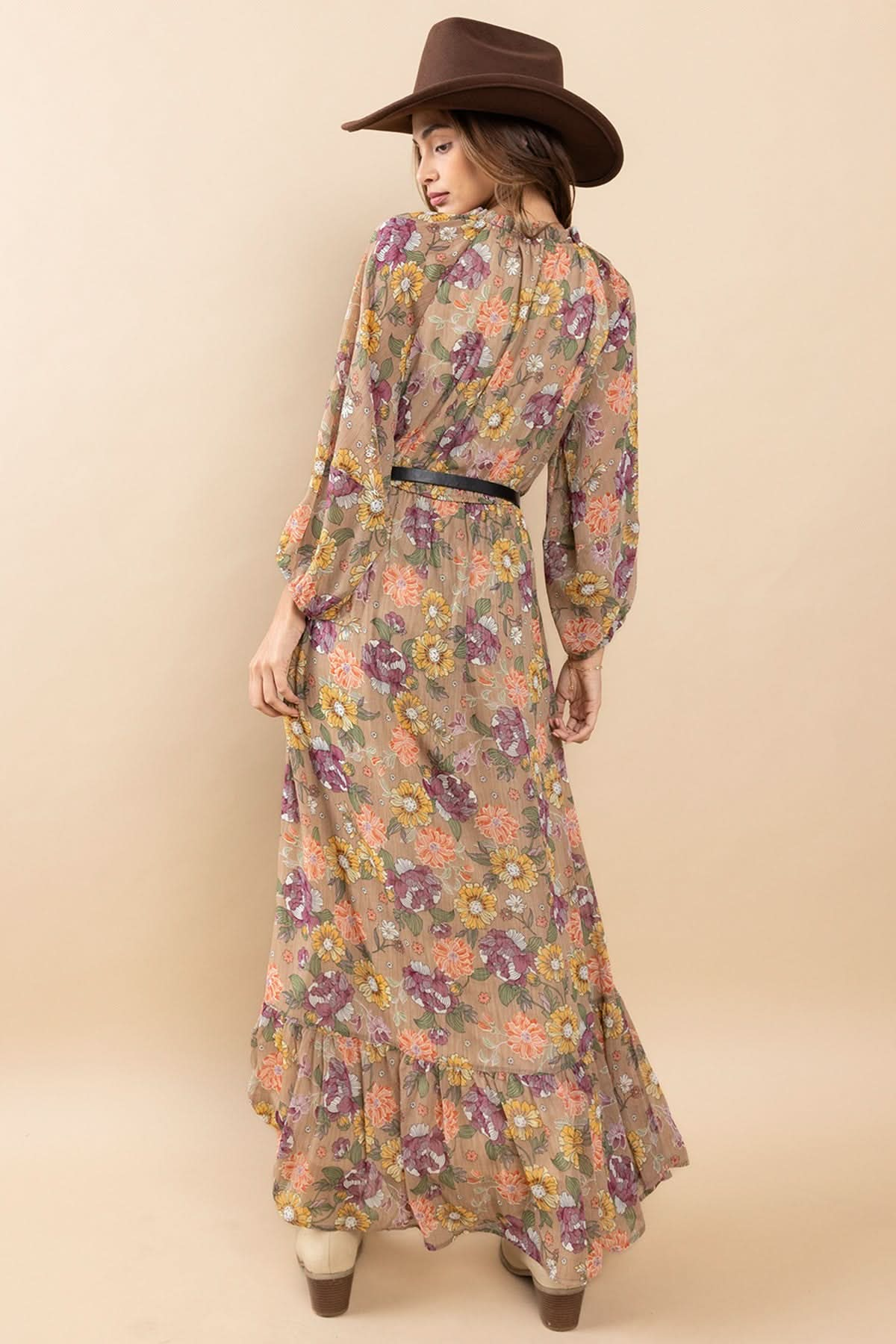 AVAH-Chic Essence Mock Neck Long Sleeve Floral Maxi Dress-Taupe