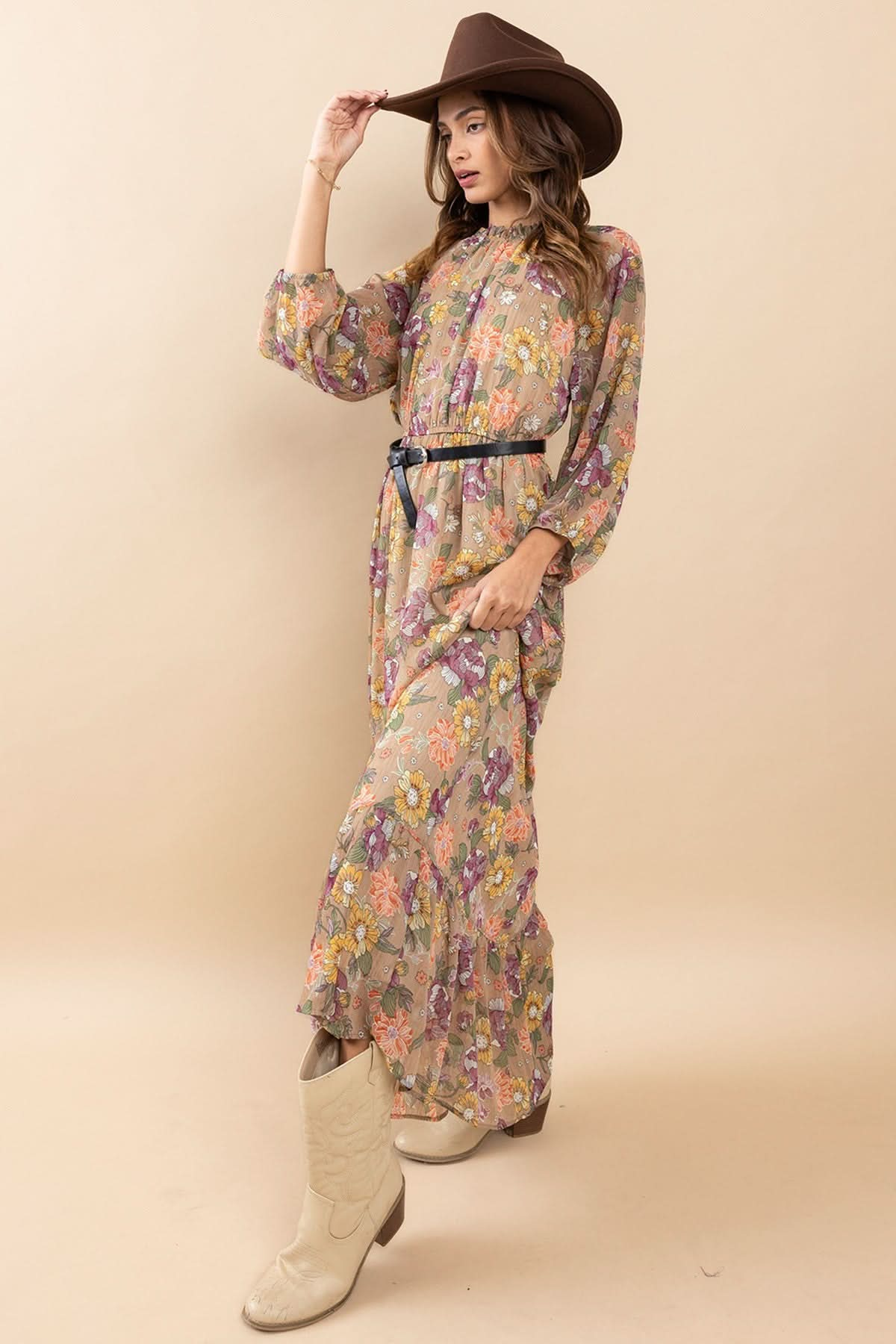 AVAH-Chic Essence Mock Neck Long Sleeve Floral Maxi Dress-Taupe