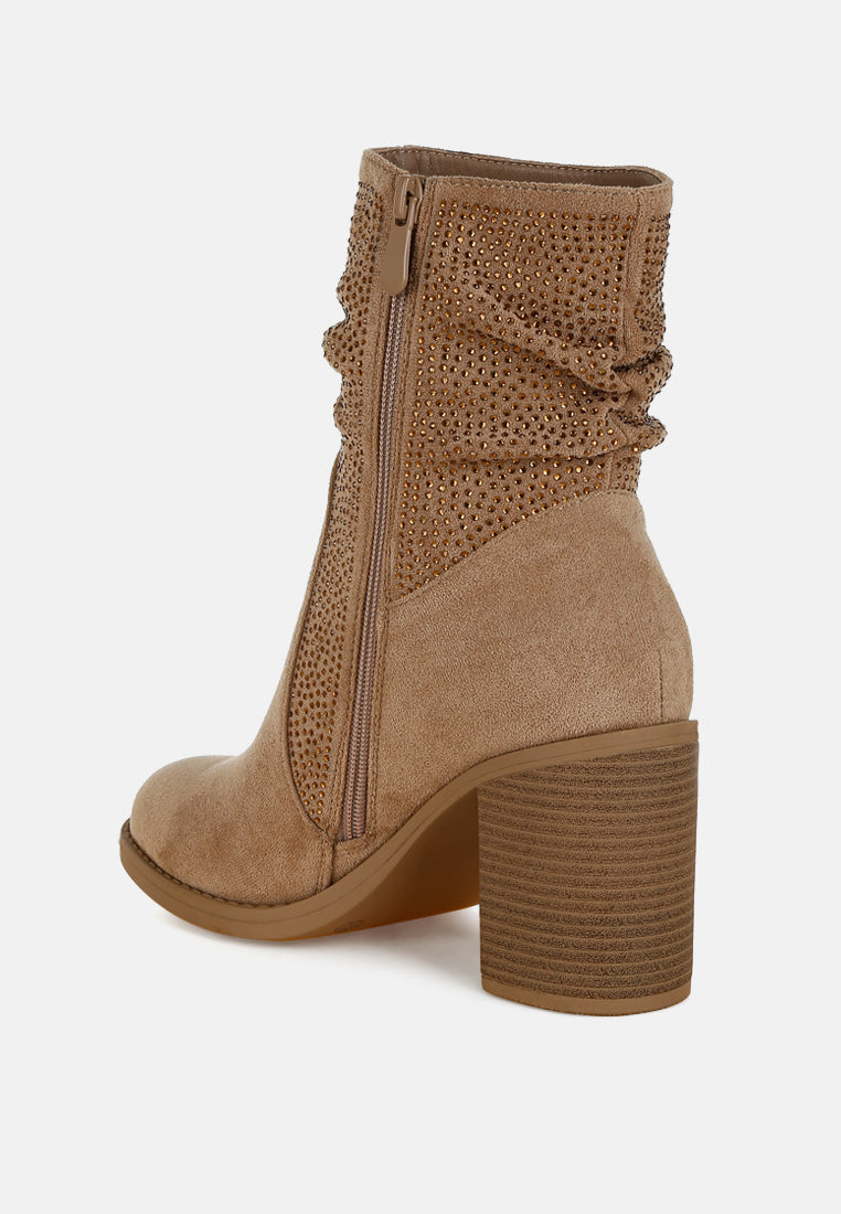 Beige Rhinestone Studded Slouchy Ankle Boots-2