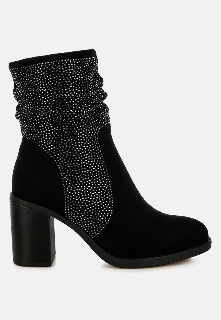 Black Rhinestone Studded Slouchy Ankle Boots-5